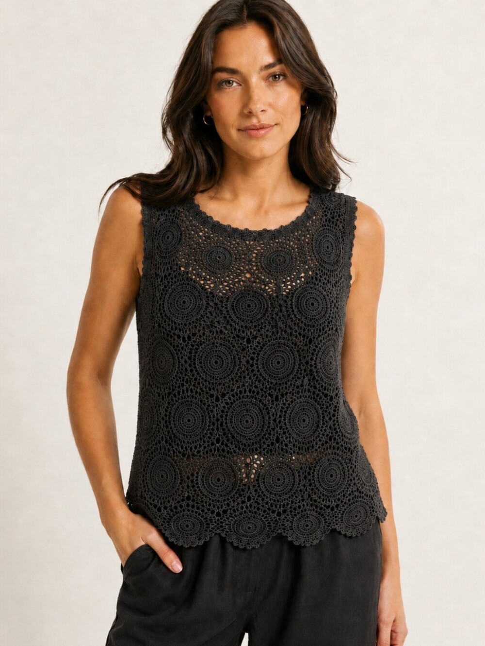 Crochet Cotton/Ramie Open Knit Sleeveless Top Washed Black Boho,size S